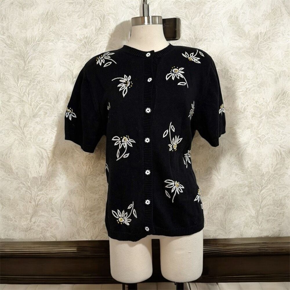 Vintage Alfred Dunner Daisy Black Short Sleeve Cardigan Top Button M